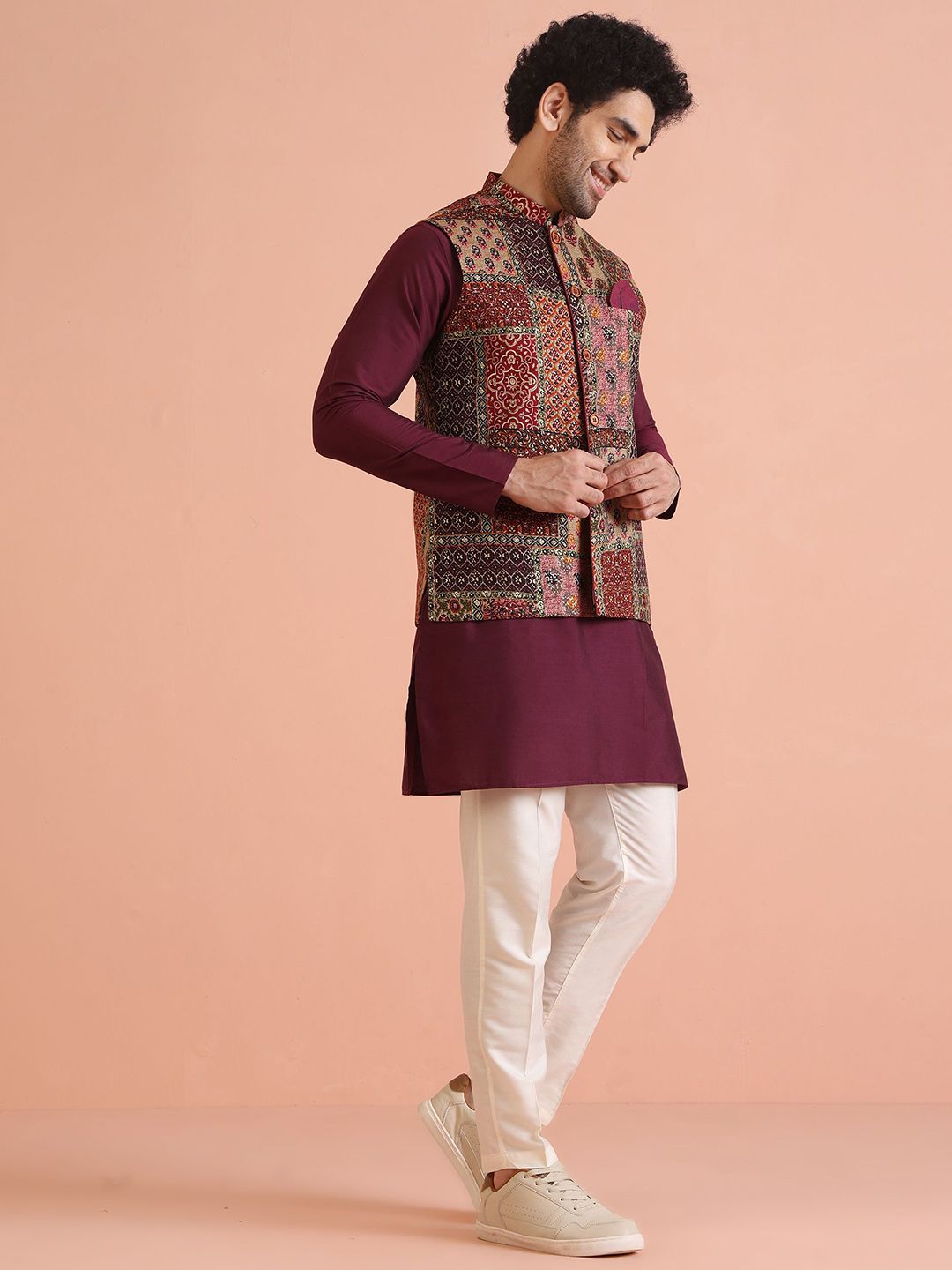KISAH Men Maroon Patchwork Printed Silk Blend Nehru Jacket for Weddings & Festive Wear-picture-10
