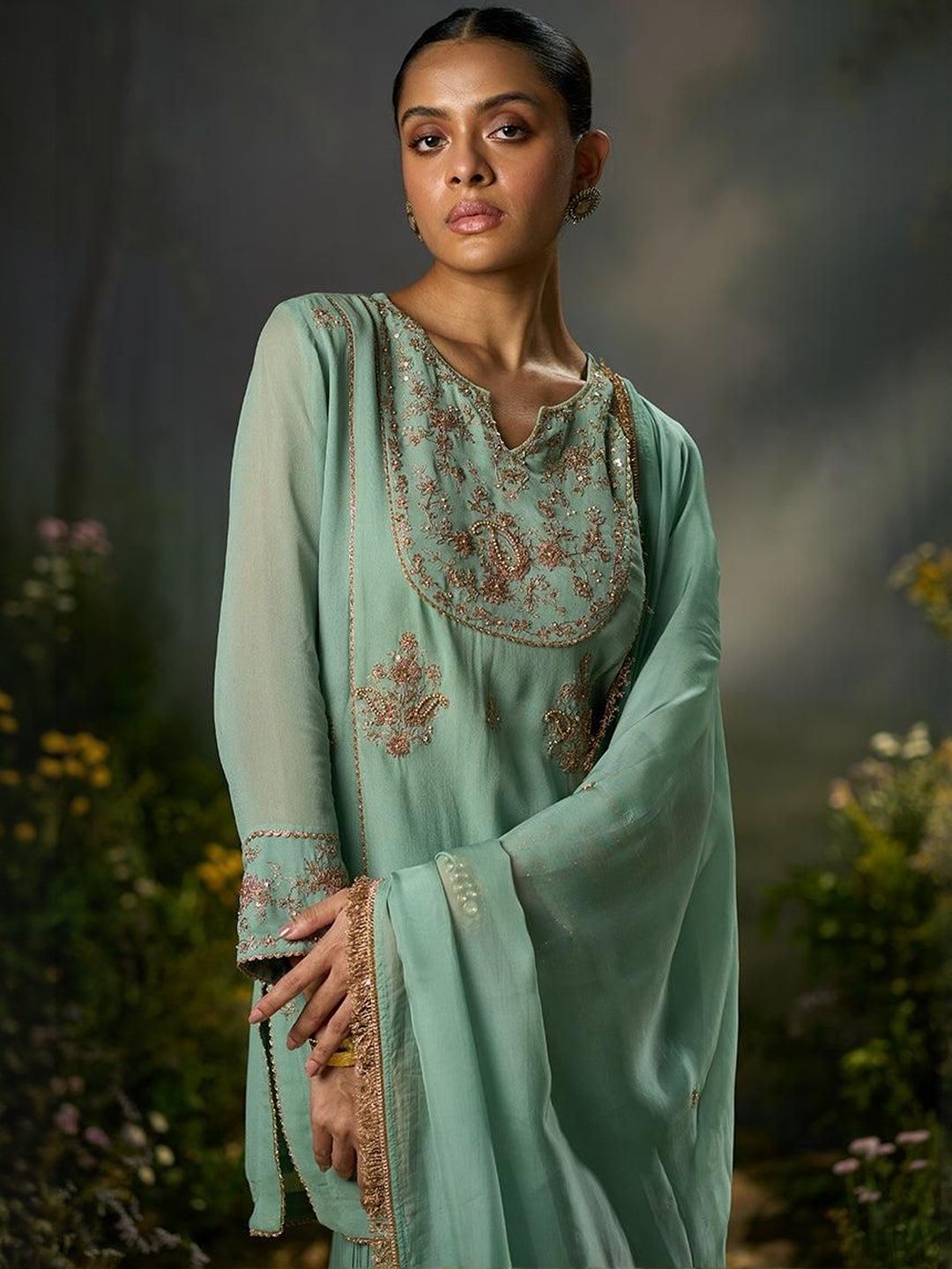 Ganga Women Granite Green Festive Sharara Kurta Set-image-1