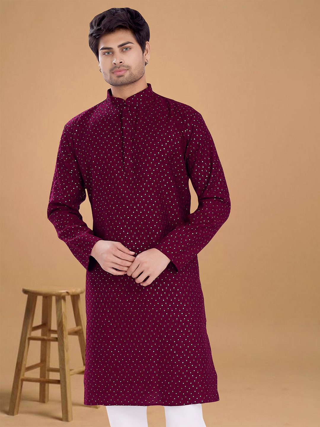 PulseIQ Floral Embroidered Mandarin Collar Sequinned Straight Kurta-picture-13