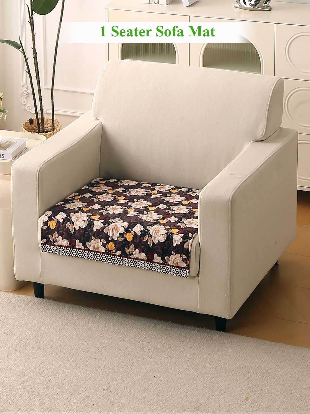 HOKIPO Florentina Series Camellia Brown Printed Holland Velvet 1 Seater Sofa Cover Mat-picture-48