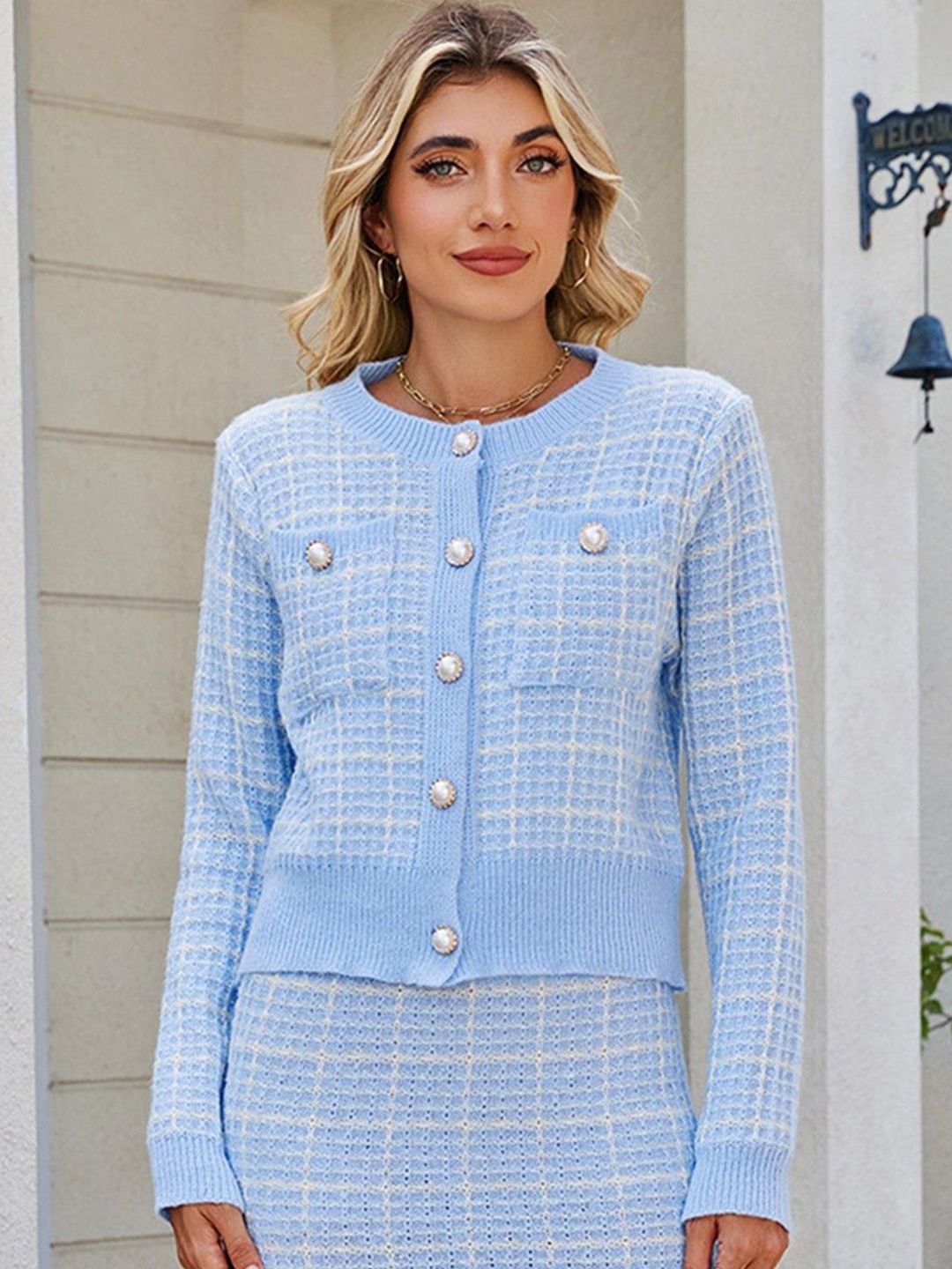 Mast & Harbour Women Checked Round Neck Long Sleeves Cardigan Sweaters-picture-38