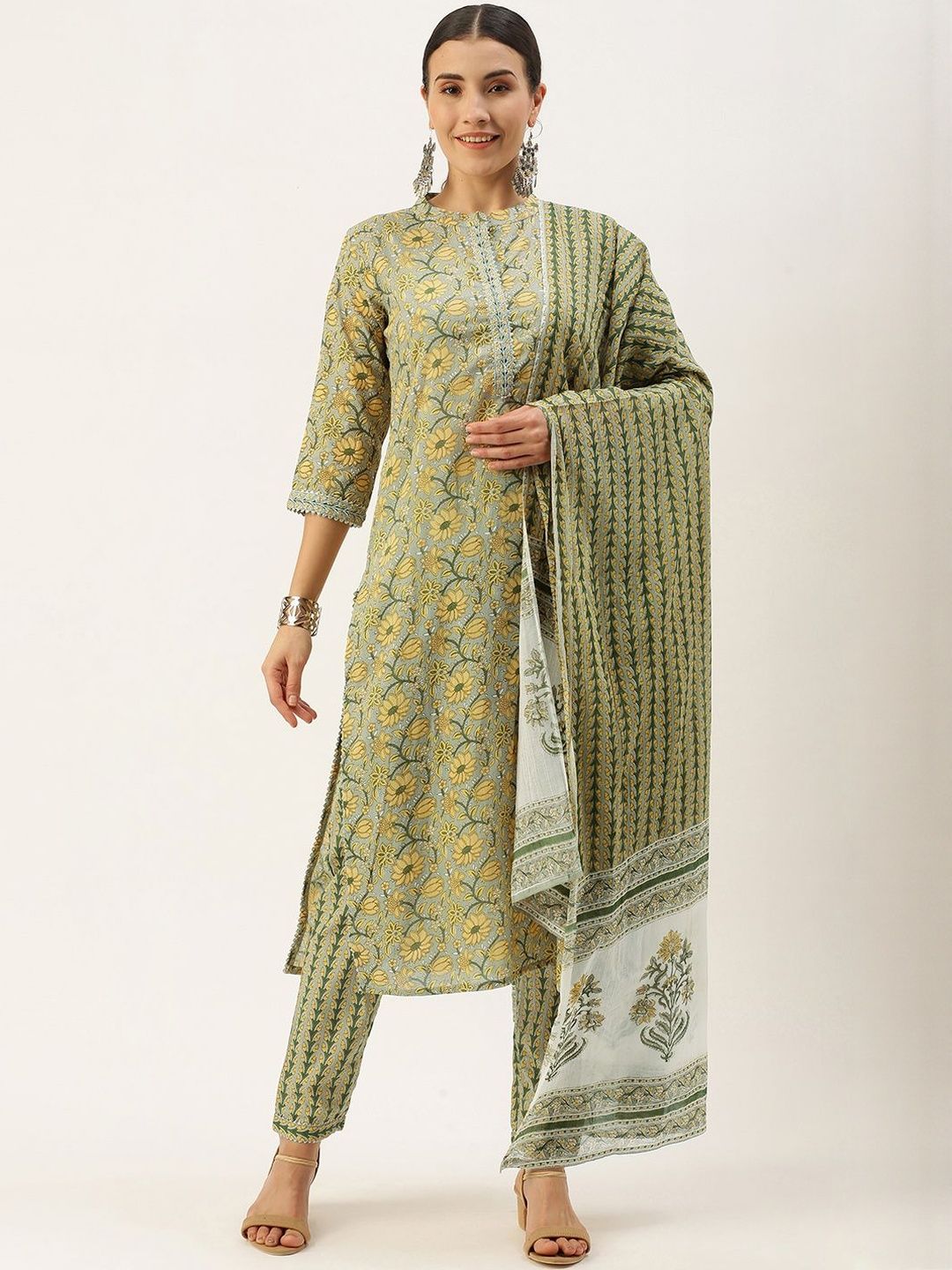 KALINI Women Floral Printed Mandarin Collar Pure Cotton Kurta with Trousers & Dupatta-picture-21