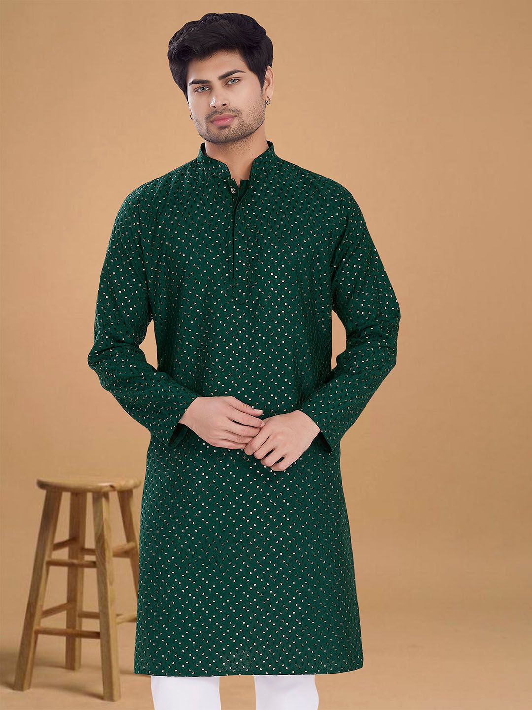 PulseIQ Floral Embroidered Mandarin Collar Sequinned Straight Kurta-picture-14