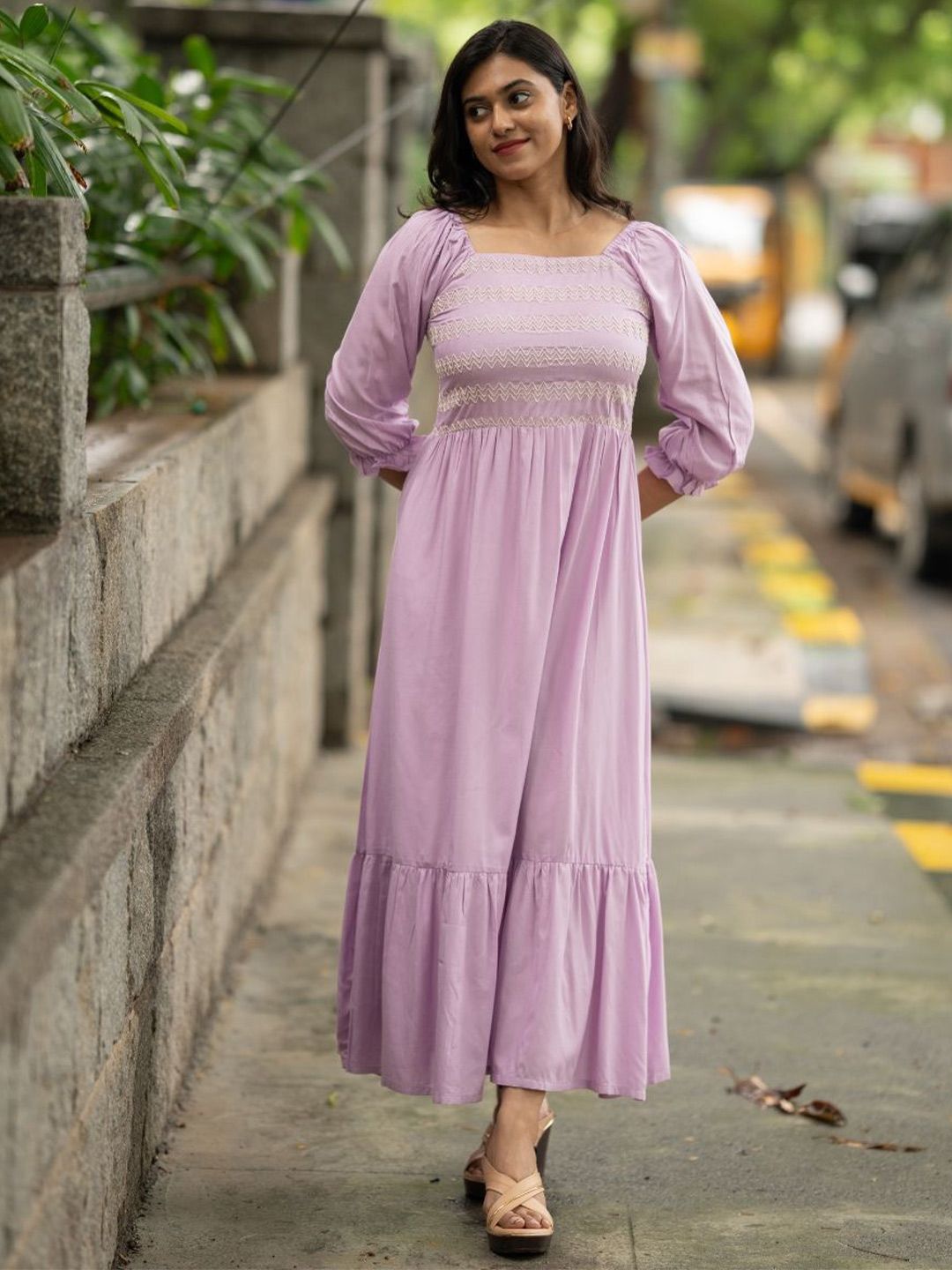 HAY Women Geometric Embroidered Puff Sleeve Maxi Dress-picture-34