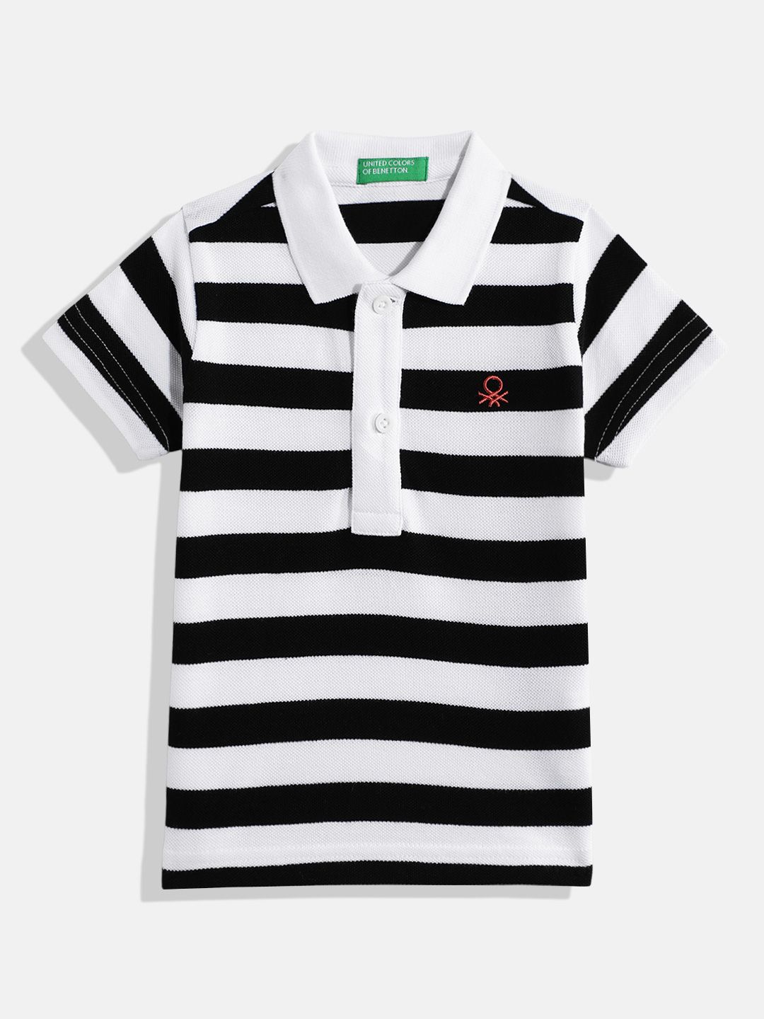 United Colors of Benetton Boys Horizontally Striped Pure Cotton Polo Collar T-shirt