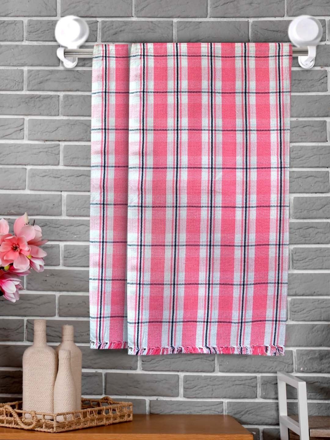 Athom Living Pink & White 2 Pieces Checkered Printed Cotton 210 GSM Thin Bath Towels-picture-19
