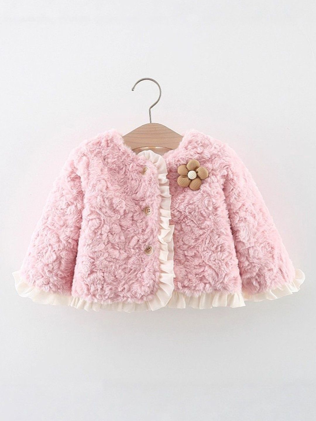 YK Girls Self Design Ruffled Applique Cardigan Sweater