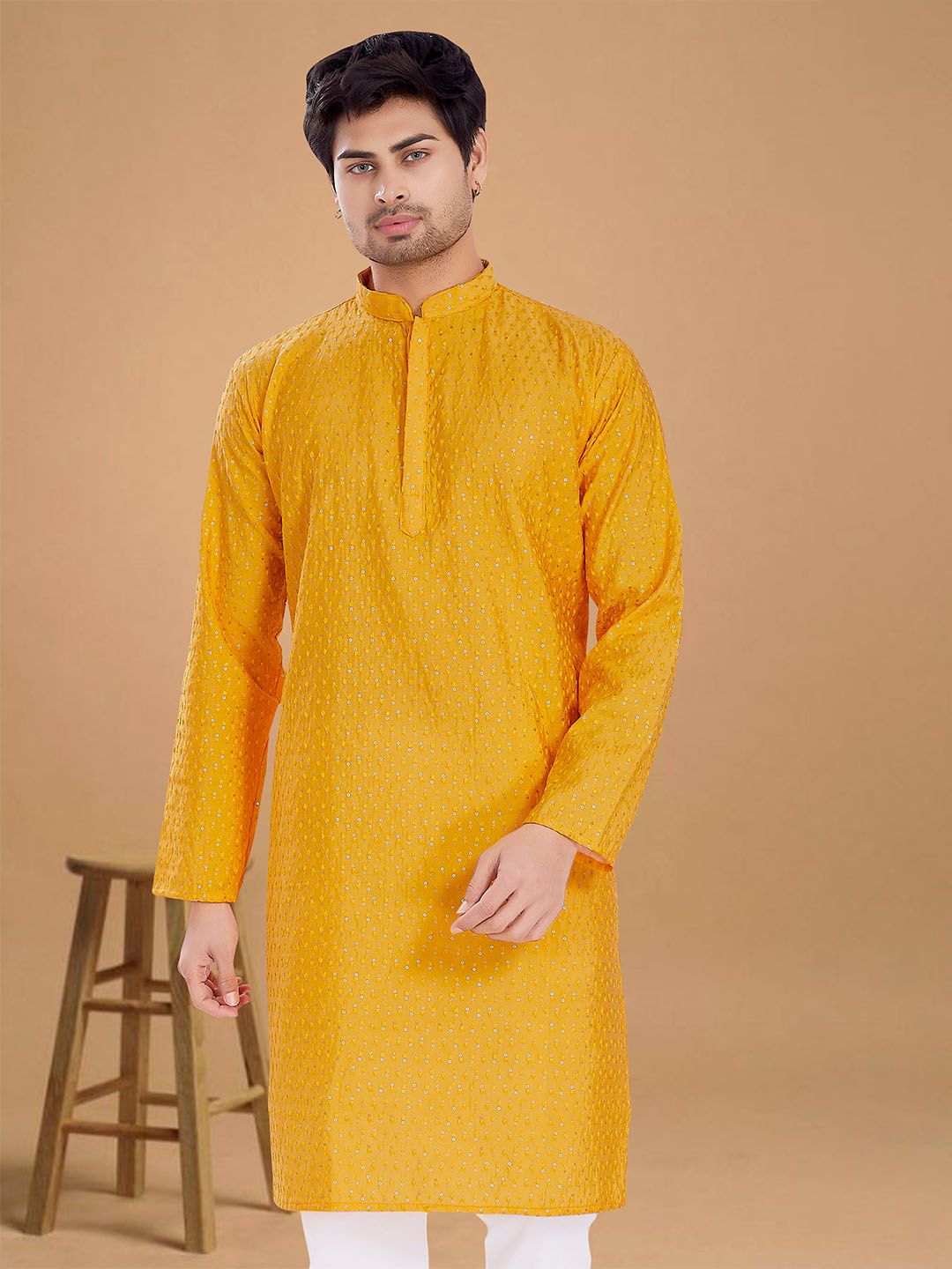 PulseIQ Men Embroidered Mandarin Collar Slim Fit Kurta-image-4