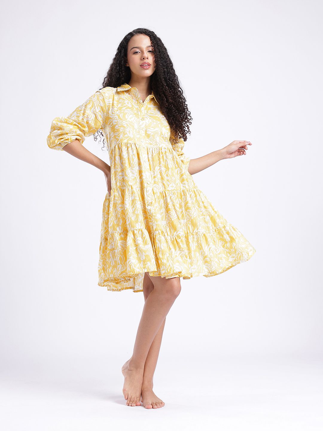 glitchez Floral Printed Shirt Collar Tiered Nightdress-picture-17