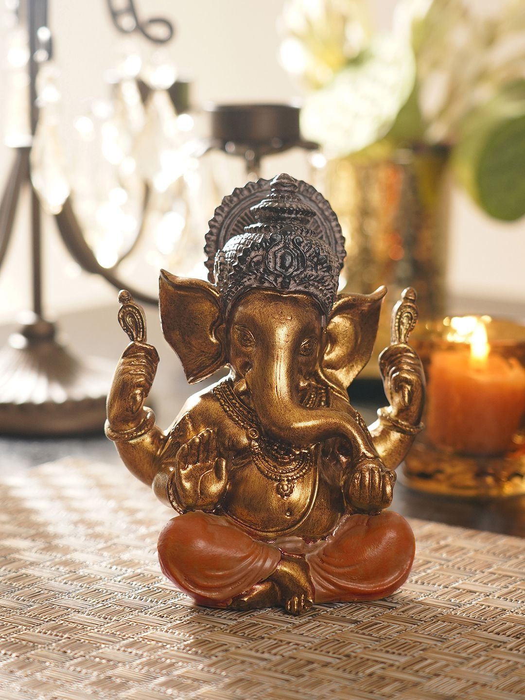 Pure Home and Living Gold-Toned & Orange Sitting Ganesha Religious Idol Showpiece-picture-24