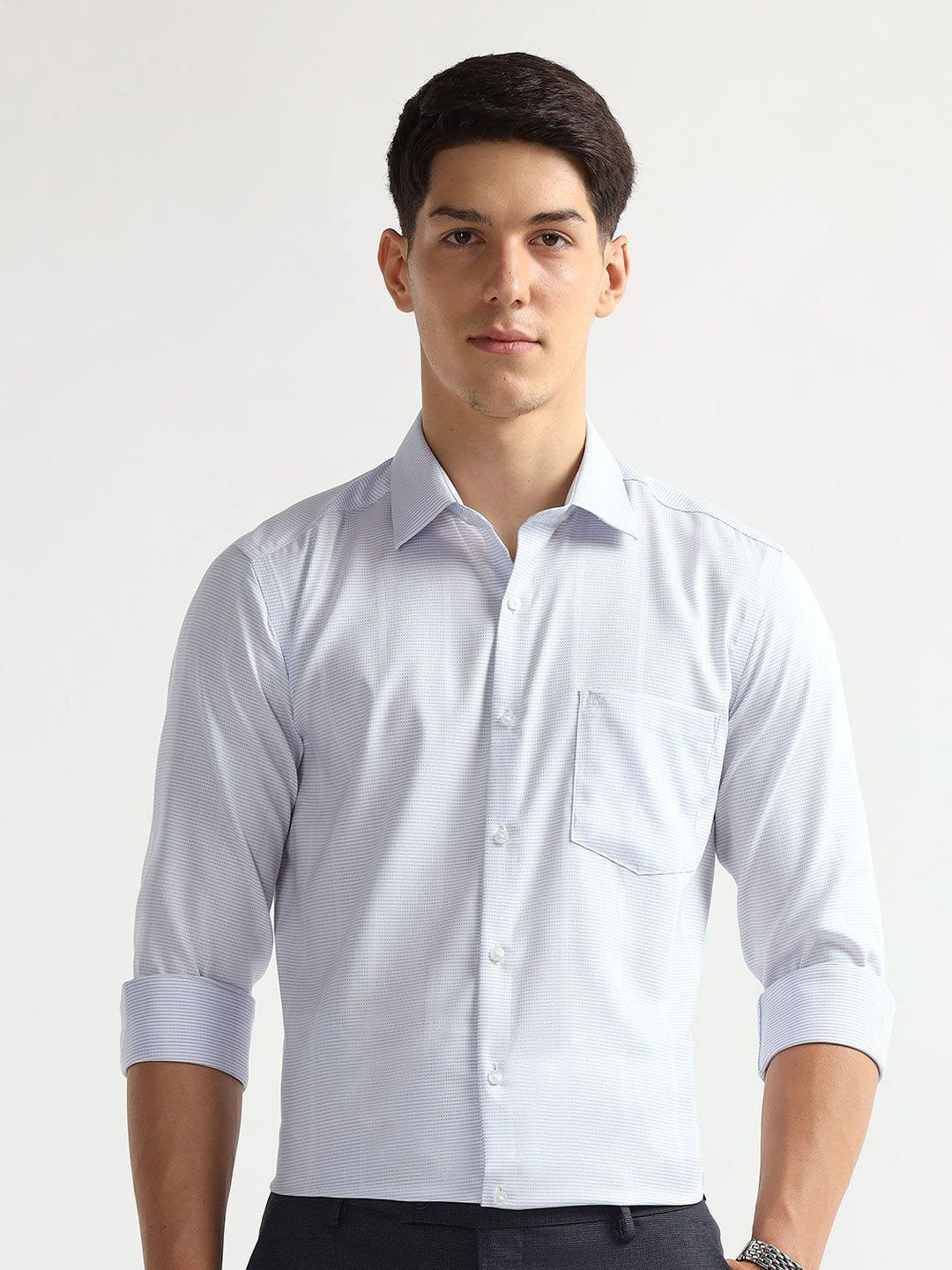 Arrow Men Slim Fit Textured Spread Collar Pure Cotton Manhattan Auto Press Formal Shirt-picture-18