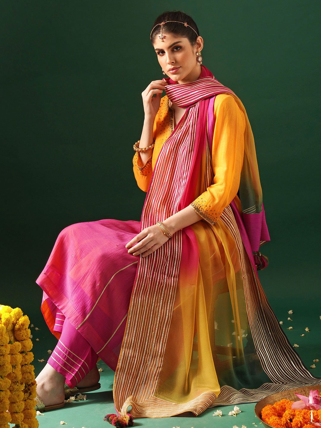 JAYPORE Ombre Dyed Gotta Patti Cotton Silk Dupatta-picture-41