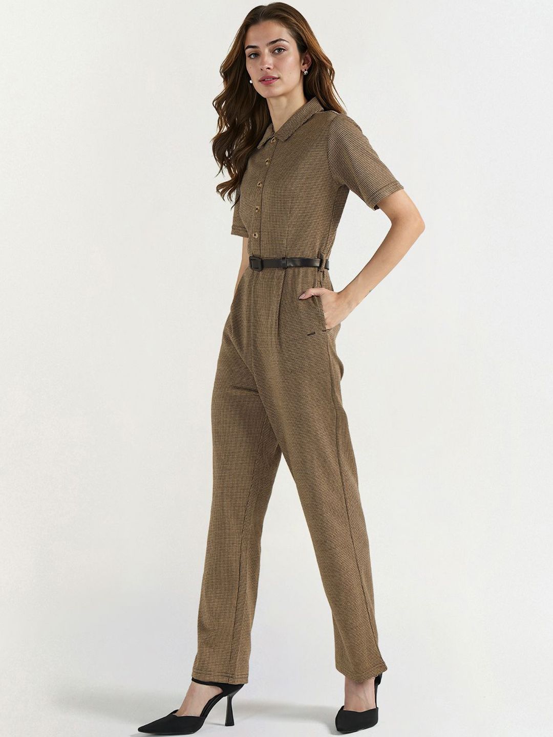 ELLE Women Textured Collared Belted Pleated Basic Jumpsuit-picture-35