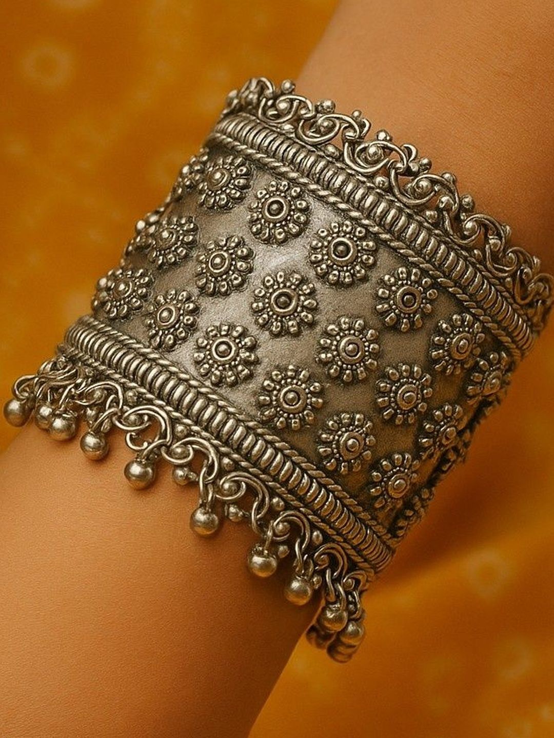 ATIBELLE Silver-Plated Floral-Textured Ghunghroo-Studded Cuff Bangle