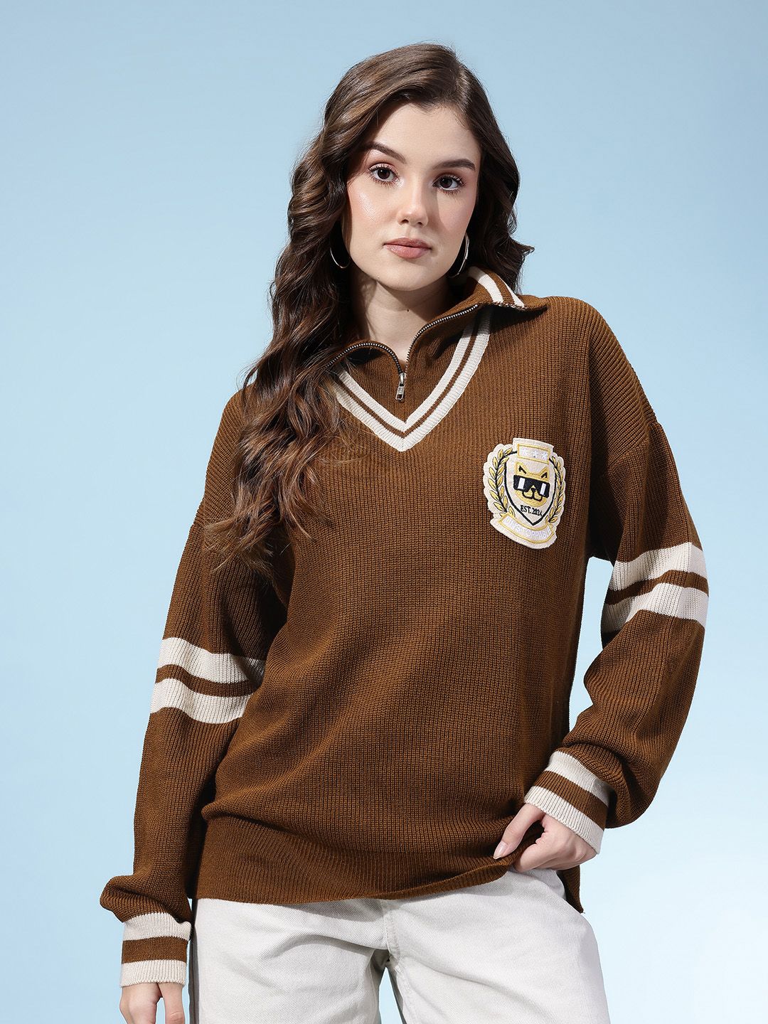glitchez Acrylic Drop-Shoulder Ribbed Pullover with Applique Detail-picture-31