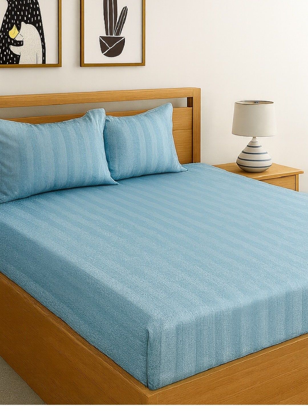 INDHOME LIFE Blue Striped King Bedsheet with 2 Pillow Covers-picture-16