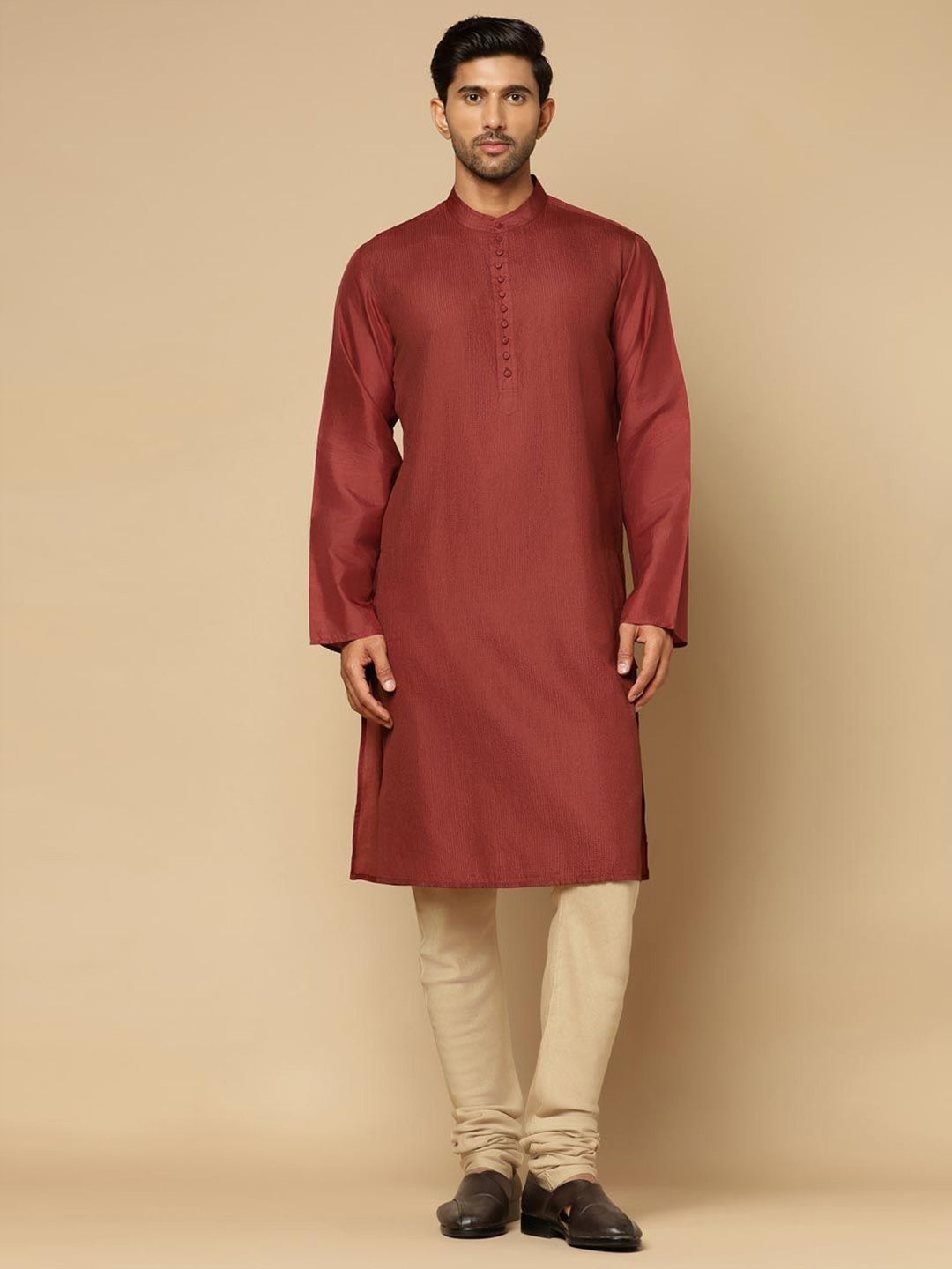 Fabindia Men Striped Thread Work Mandarin Collar Long Sleeves Straight Kurta-picture-42