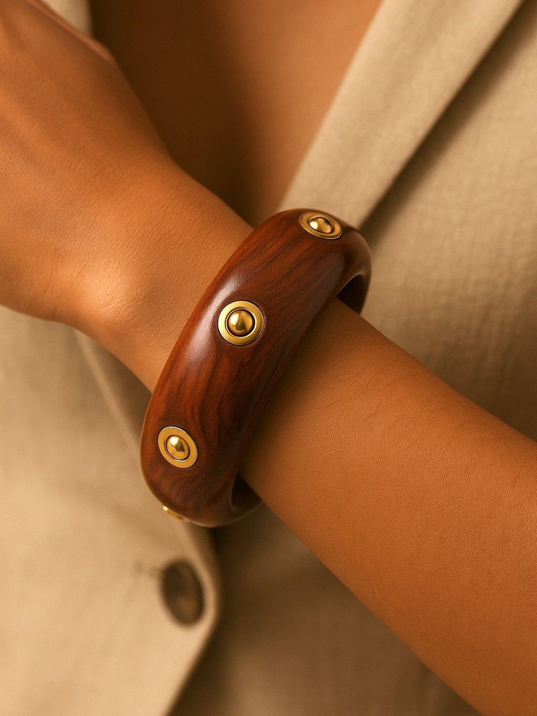 ATIBELLE Set Of 2 Gold-Plated Stone Studded Textured wooden Bangles