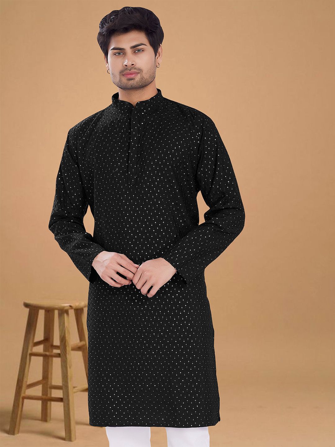 PulseIQ Men Ethnic Motifs Embroidered Mandarin Collar Sequinned Work Kurta-picture-30