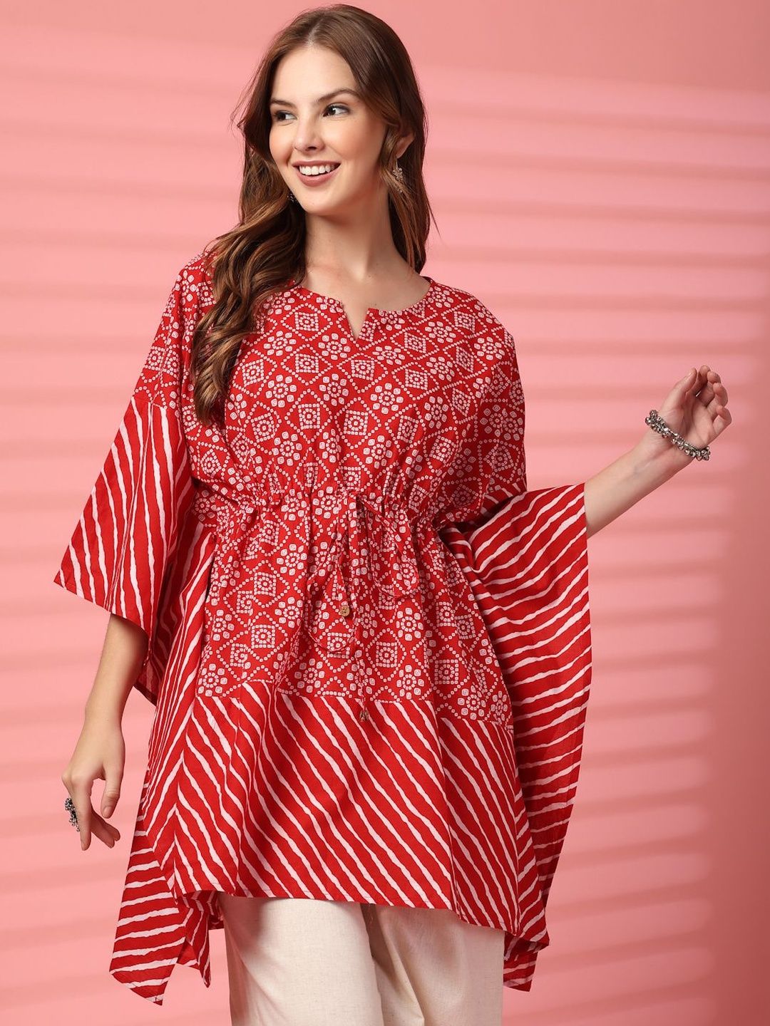 COTLAND FASHION Women Bandhani Printed V-Neck Extended Sleeves Pure Cotton Kaftan Kurti-picture-25