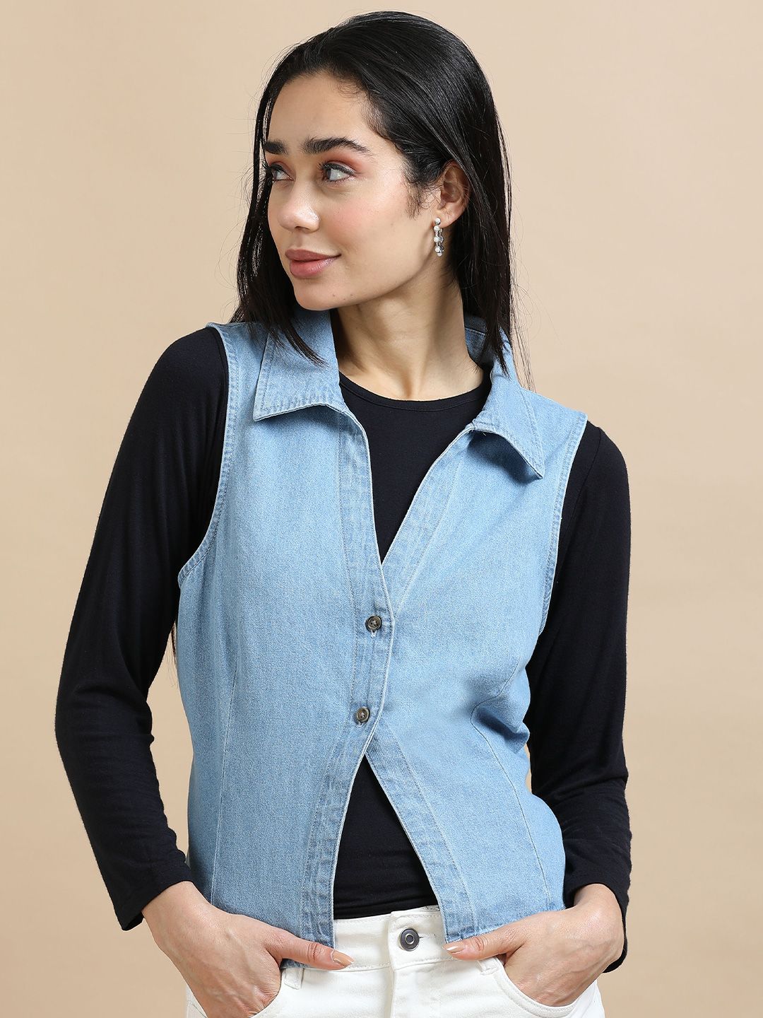 GLAM & CHIQUE Shirt Collar Pure Cotton Denim Waistcoat-image-36