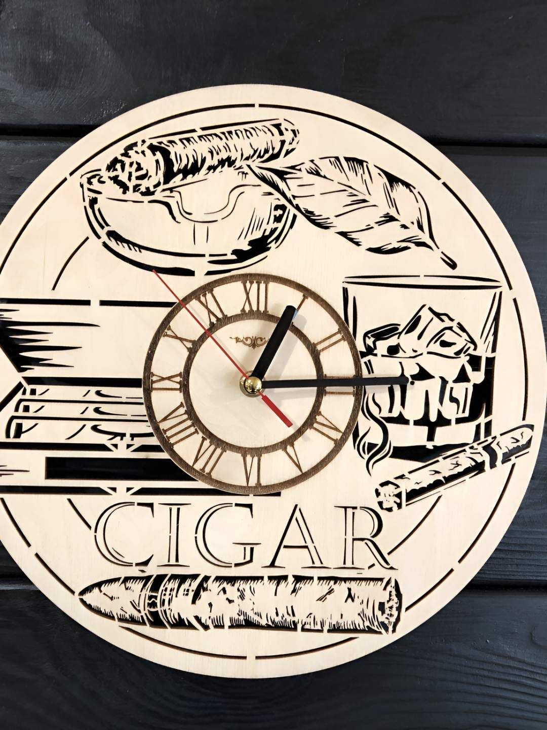 QEZNEF Beige And Black Contemporary Round Wooden Analogue Wall Clock-picture-23