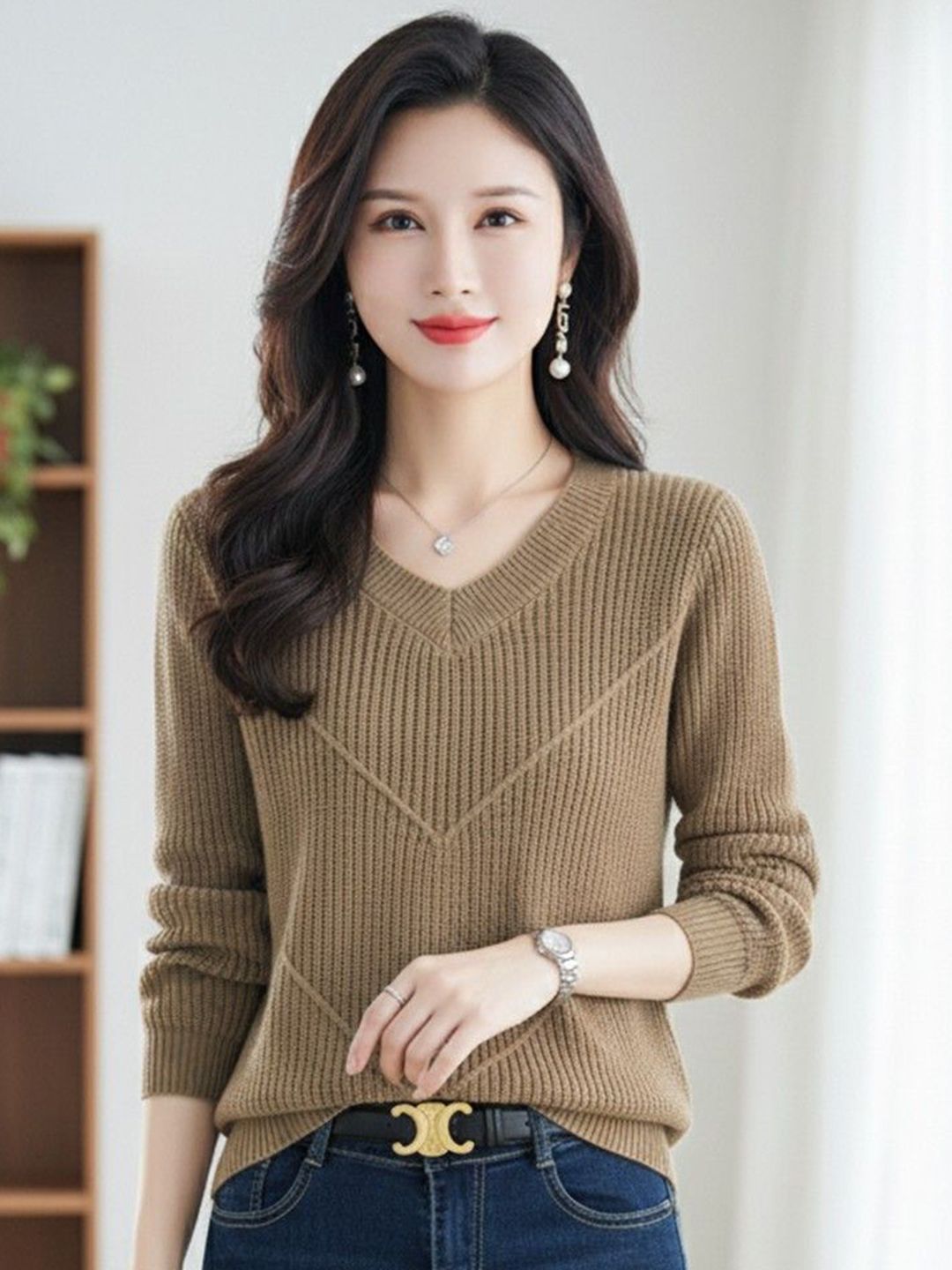 Mast & Harbour Women Ribbed Long Sleeves V-Neck Pullover Sweaters-picture-22