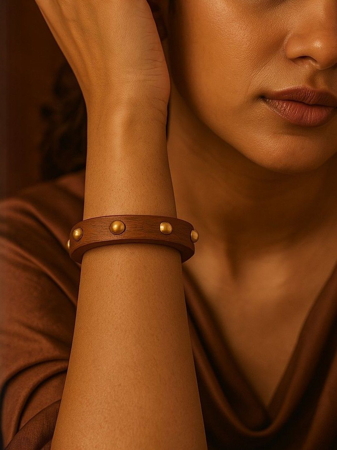 Atibelle Set of 5 round gold plated metal stone studded wooden bangles