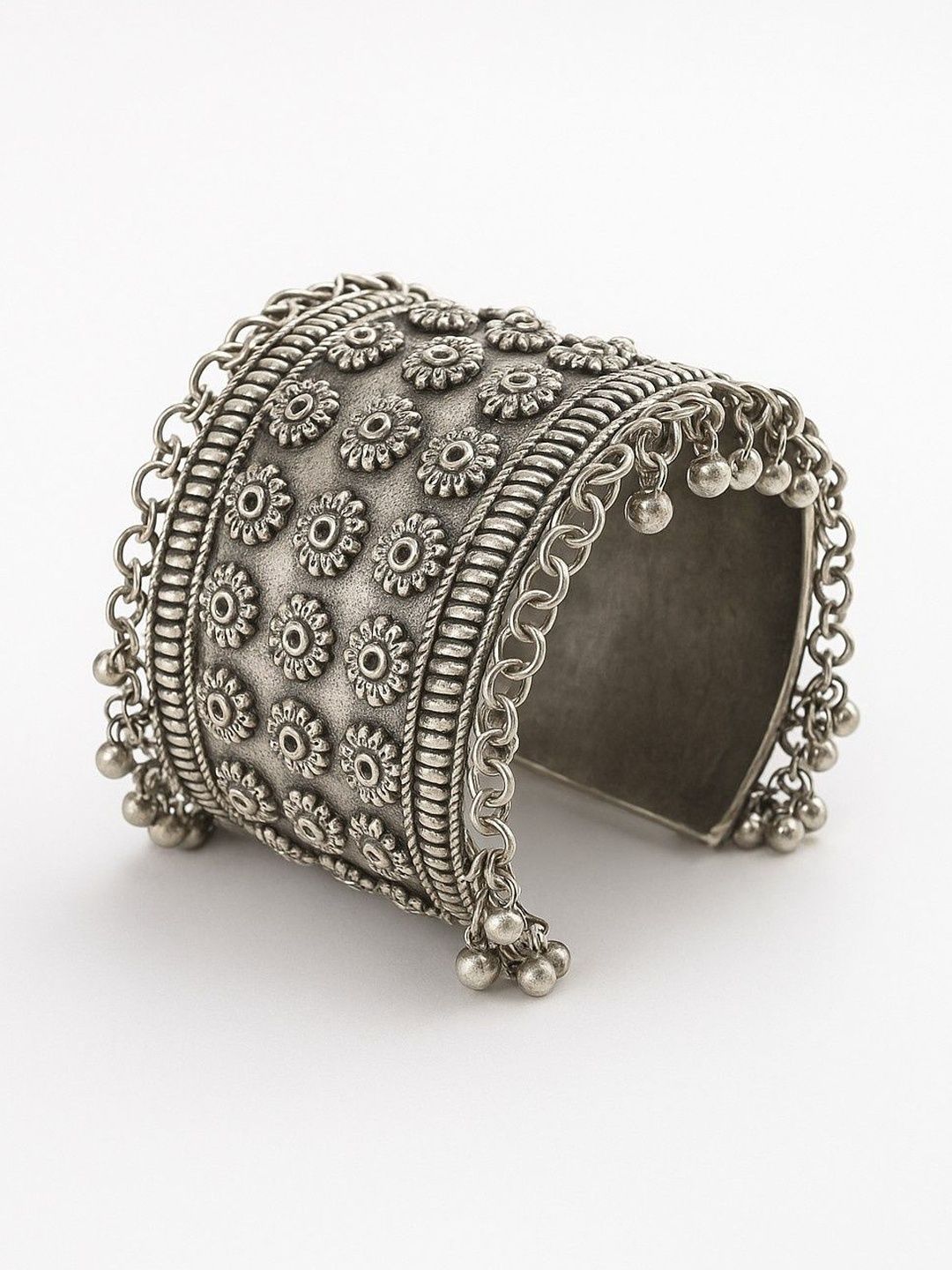 ATIBELLE Silver-Plated Floral-Textured Ghunghroo-Studded Cuff Bangle