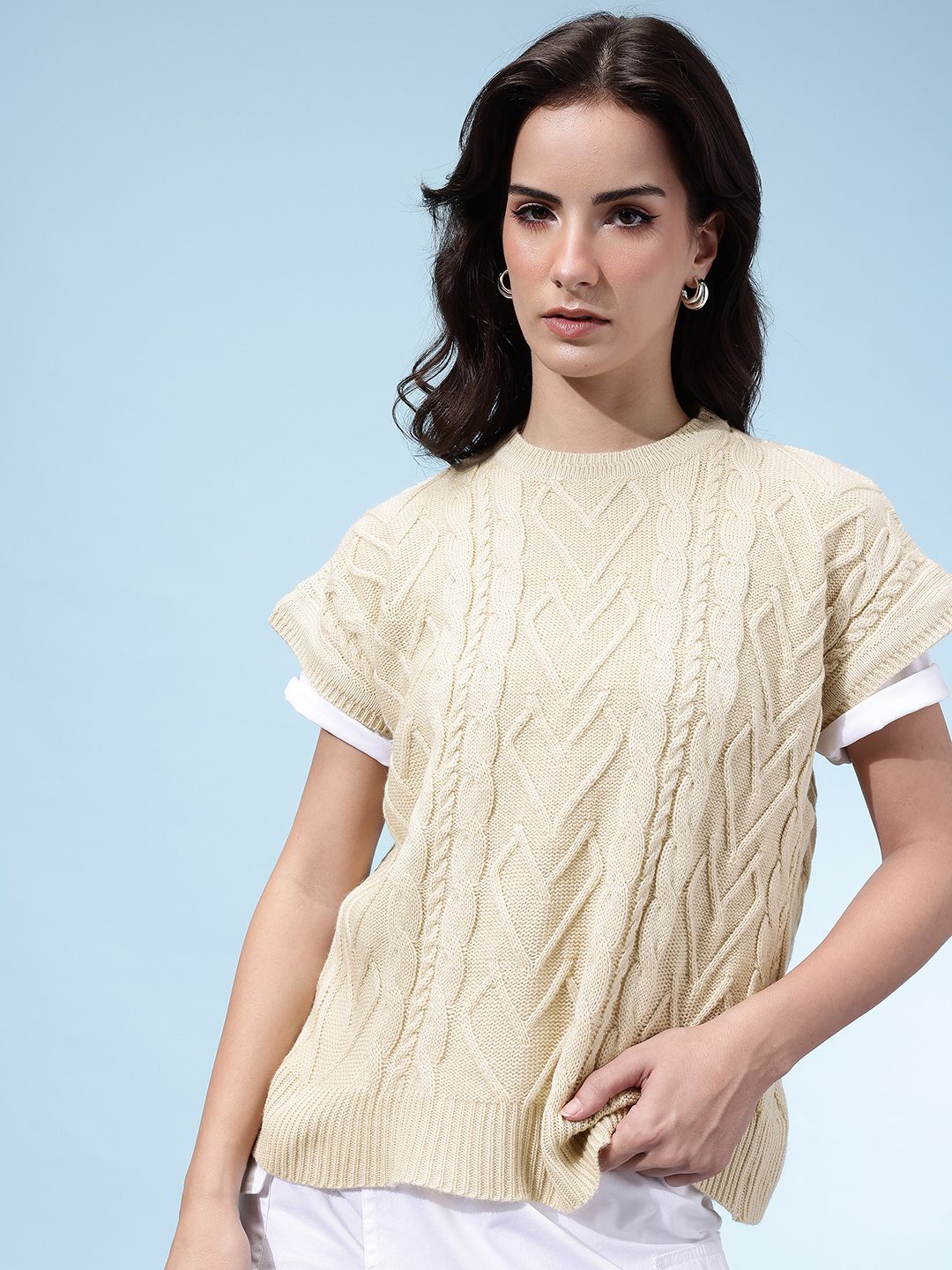 glitchez Acrylic Extended Sleeves Cable Knit Pullover-picture-25