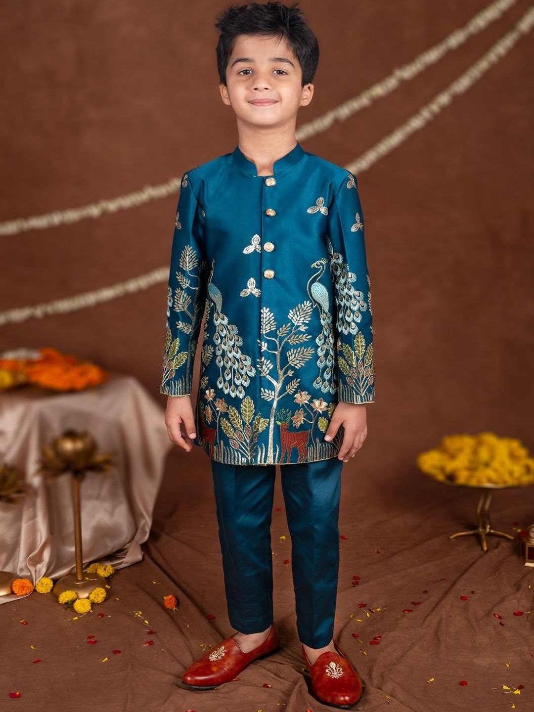 TOPLOVE Boys Madhuban Peacock Embroidered Mandarin Collar Neck Sherwani Set-picture-52