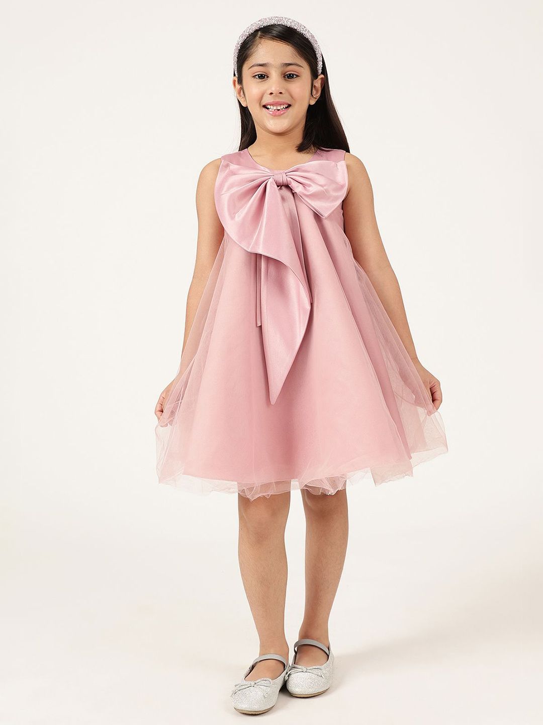 One Friday Girls Solid Bow Round Neck Sleeveless Fit & Flare Dress-picture-36