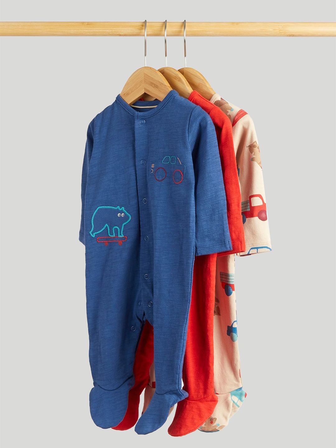 mothercare Boys Pack of 3 Printed Cotton Long Sleeves Sleepsuit-picture-34