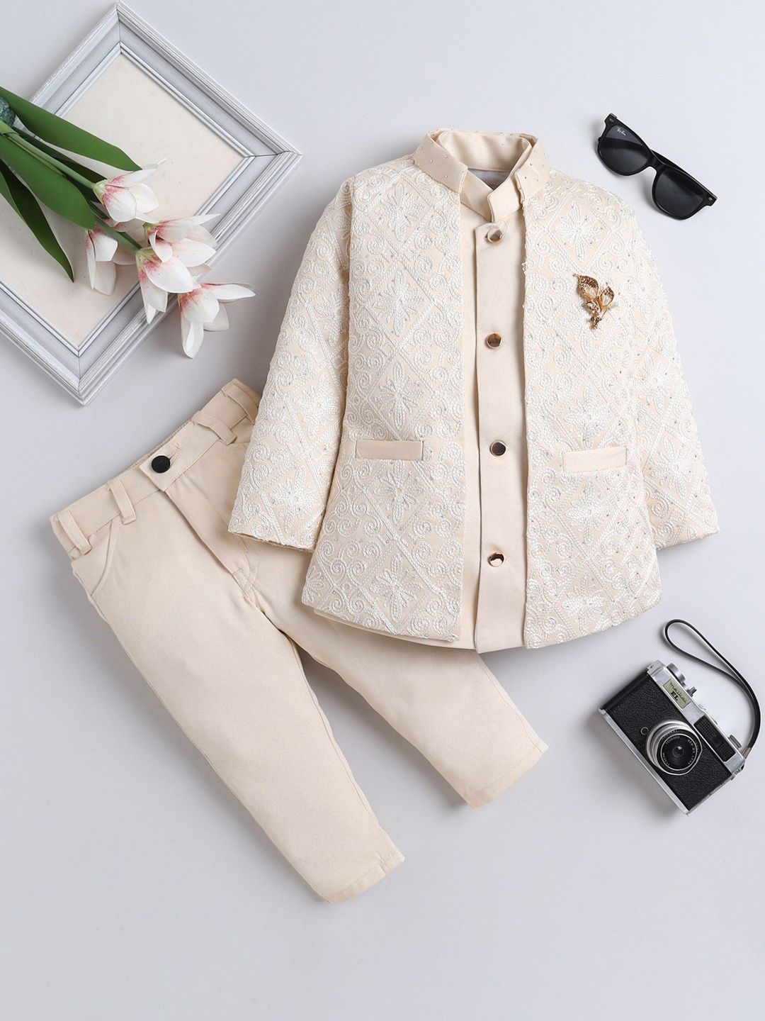FOURFOLDS Boys Embellished Embroidered Mandarin Collar Sherwani Set-picture-25