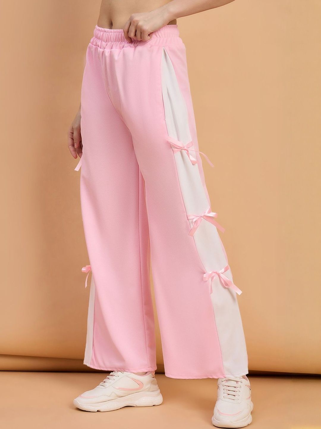 QIOA Women Relaxed Wide Leg Mid-Rise Easy Wash Trouser Pants with Side Bow Design-picture-27