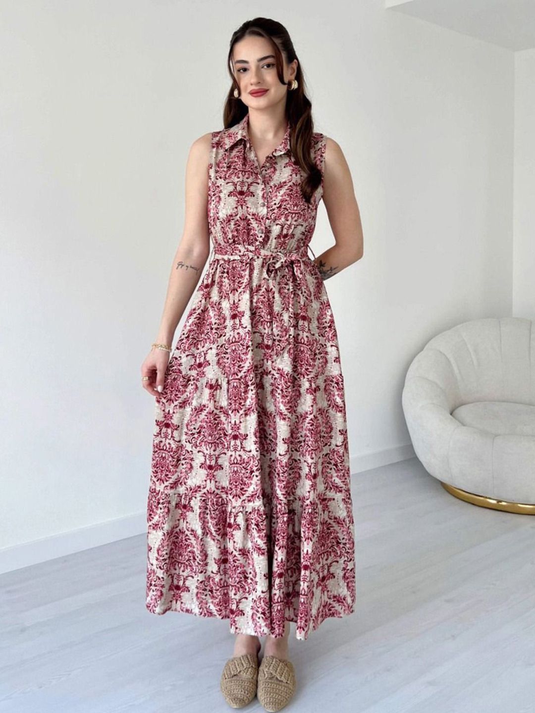 MANOJAVA Women Floral Printed Sleeveless Shirt Maxi Dress-picture-41