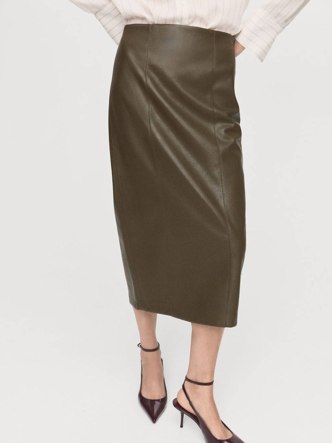 MANGO High Waist Faux Leather Paneled Midi Straight Skirt