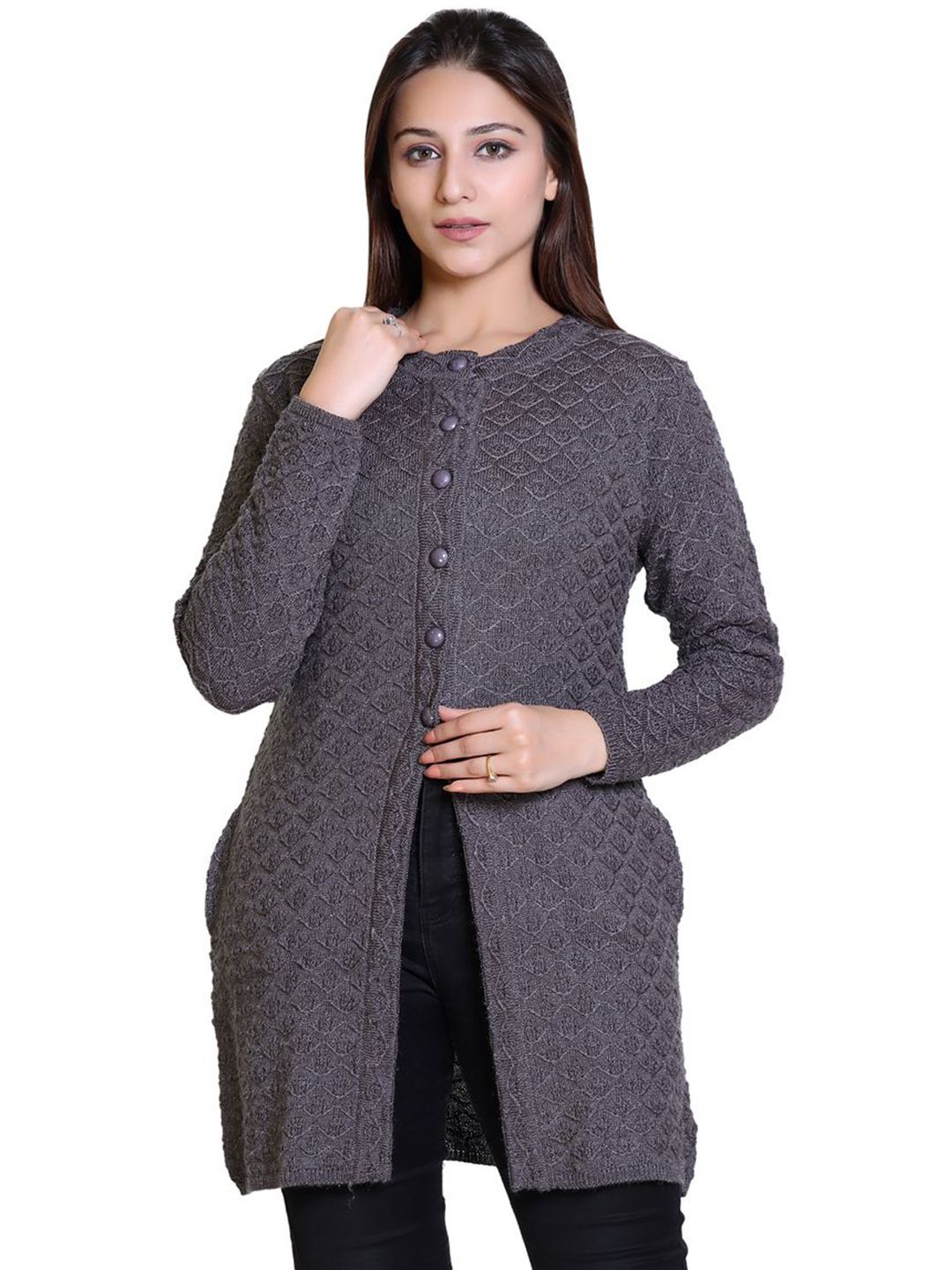 Varenyam Women Button Closure Longline Woolen Cardigan-picture-26