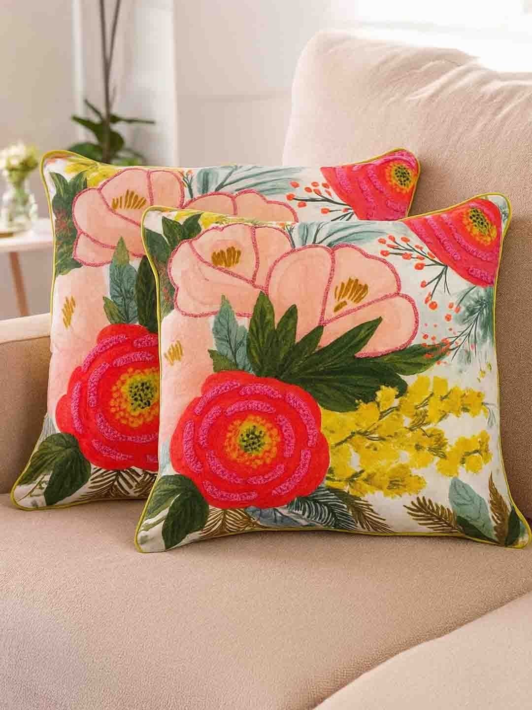 Myntra Elegant Homes Red & White 2 Pieces Floral Printed & Embroidered Cushion Covers-image-13