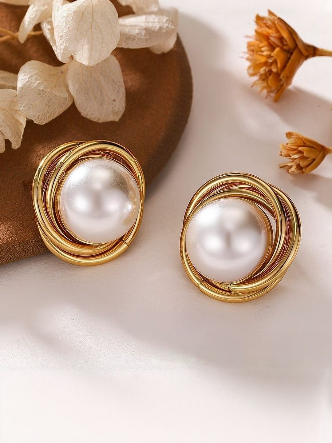 DressBerry Stainless Steel 18K Gold-Plated Pearls Beaded Circular Korean Studs-picture-17