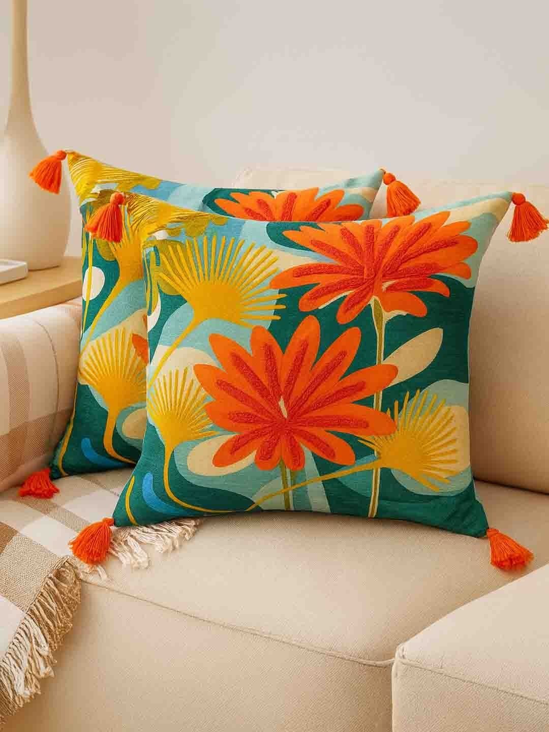 Myntra Elegant Homes Multicoloured Set of 2 Floral Square Cushion Covers-image-49