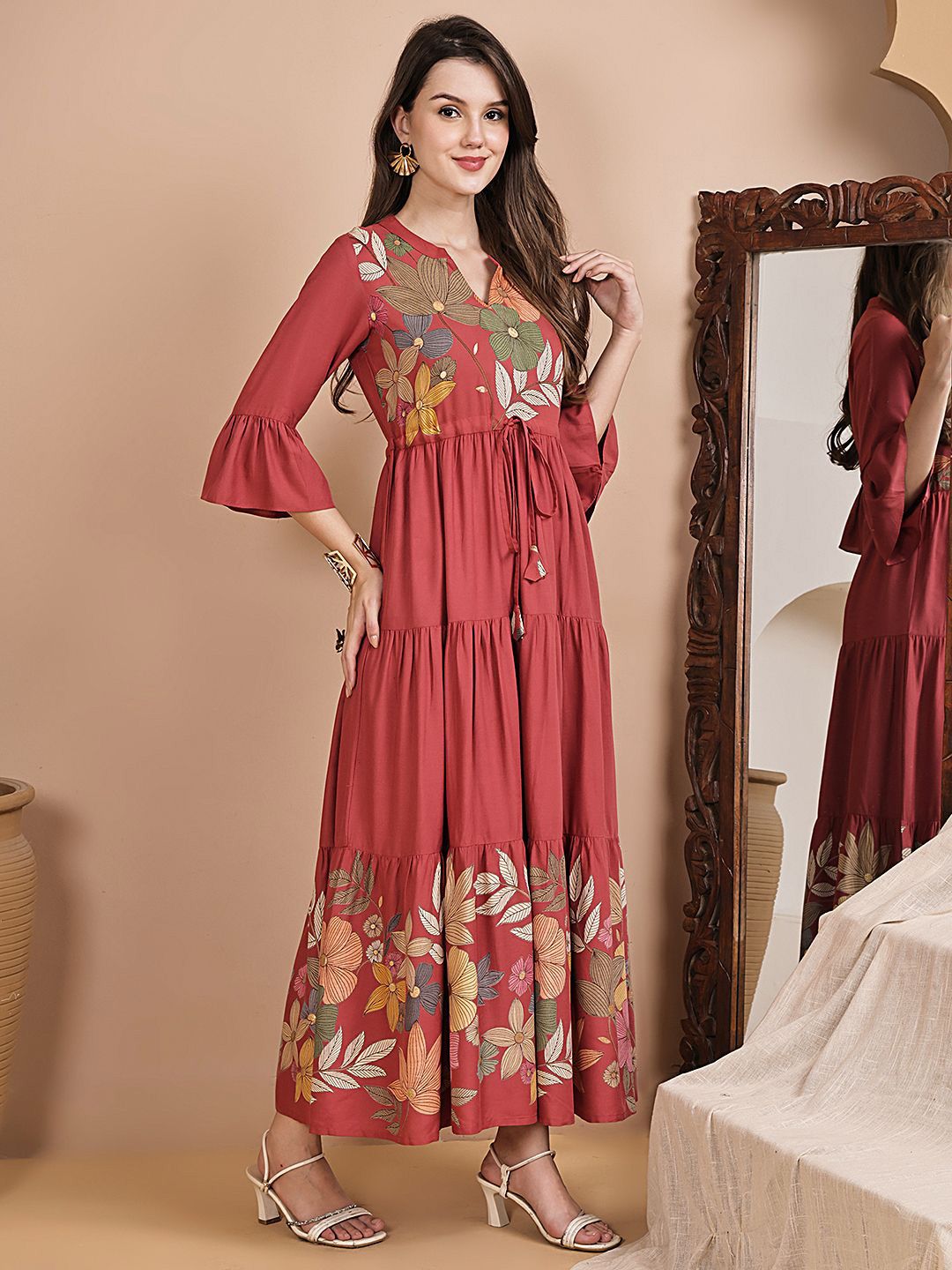 Kaftan Dress - Cream Viscose Rayon Print Style | Claura main image 0