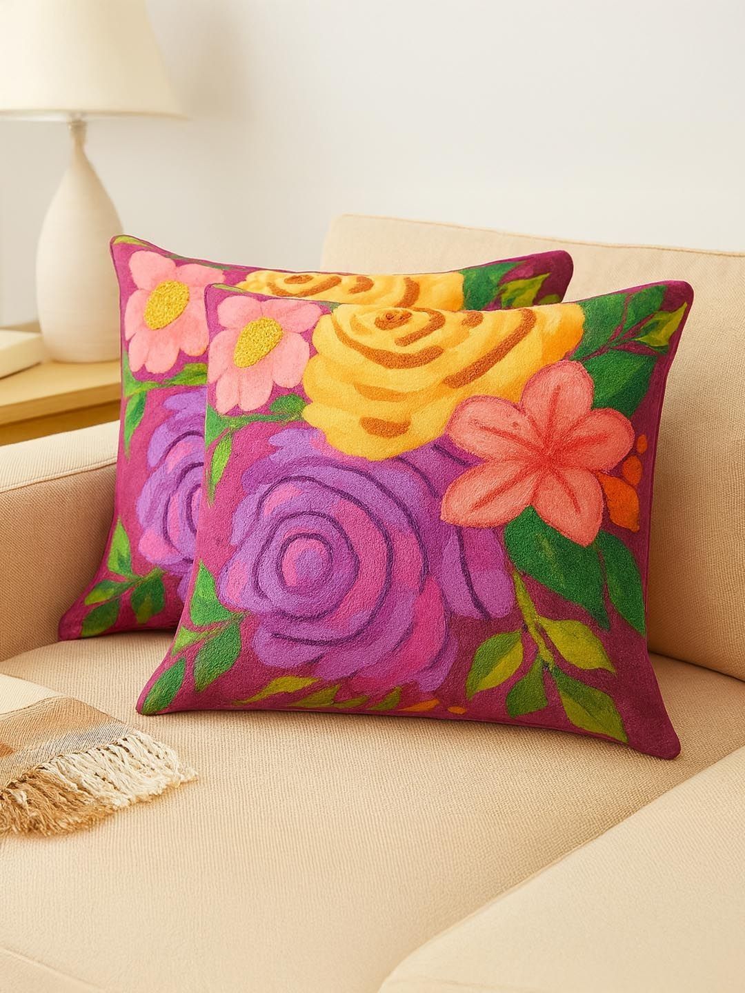 Myntra Elegant Homes Multicoloured Set of 2 Floral Square Cushion Covers-picture-34
