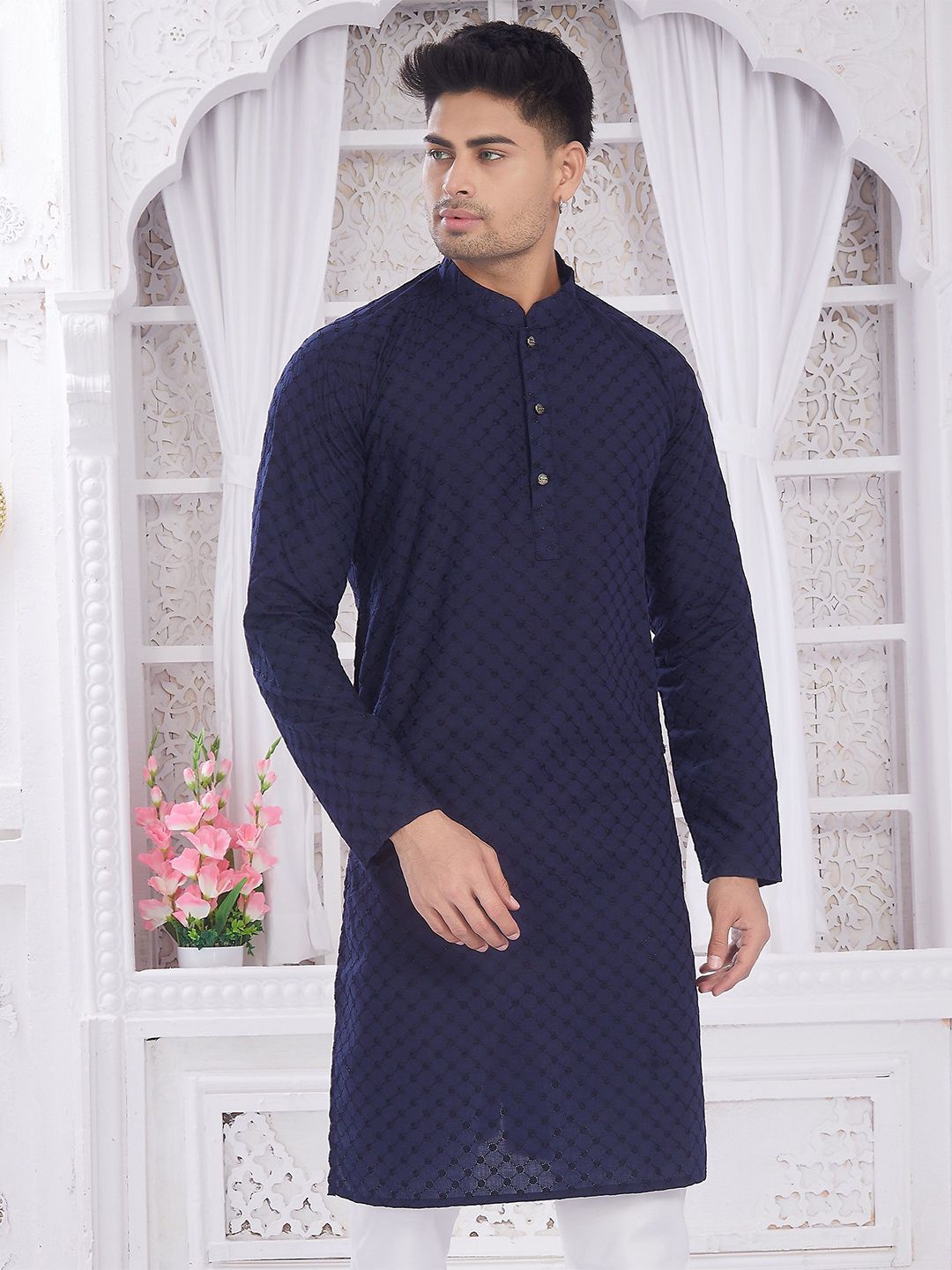 DIVISIVE Men Geometric Embroidered Festive Cotton Straight Kurta-picture-22