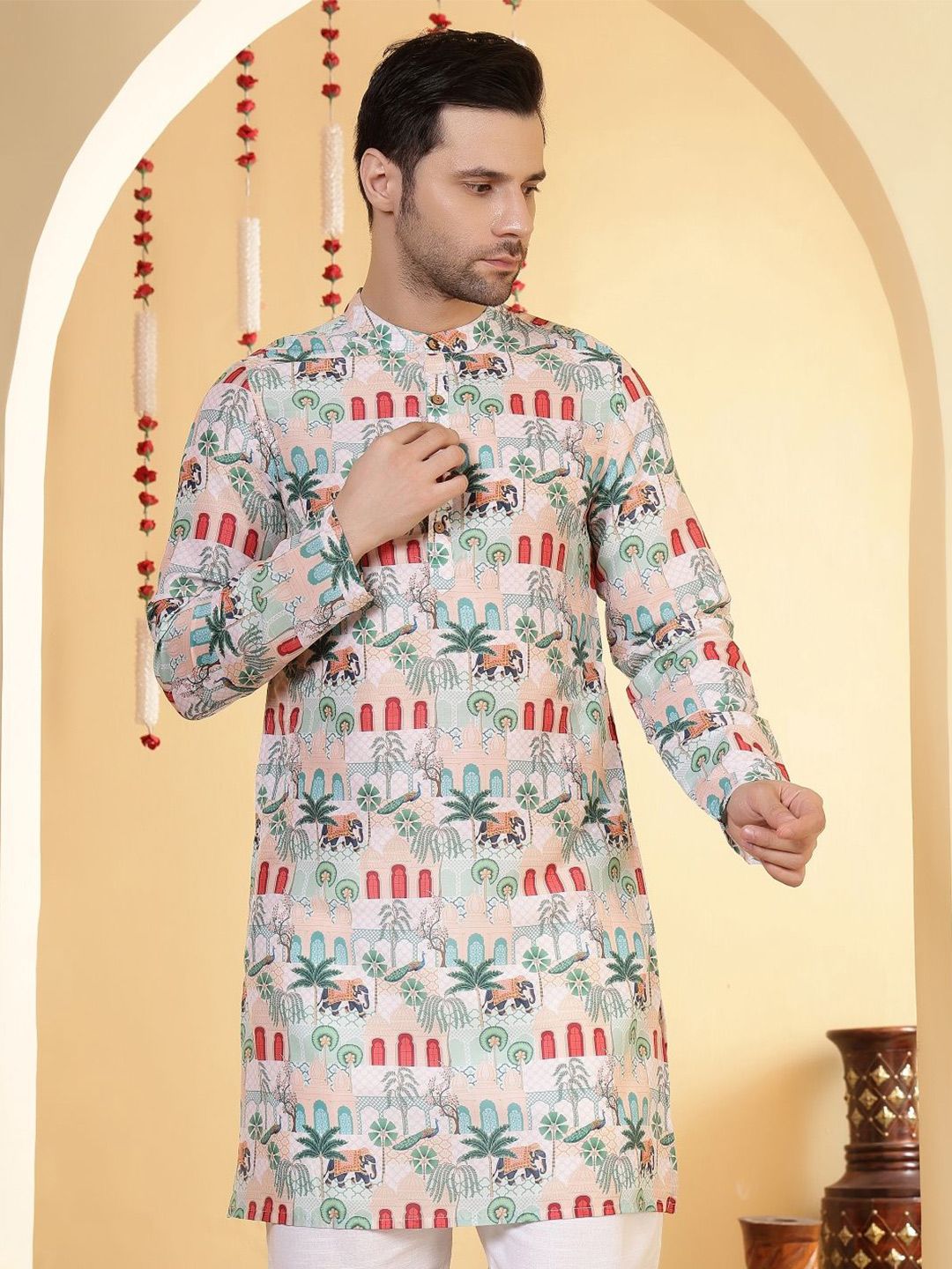 Anouk Floral Printed Band Collar Straight Kurta-image-41