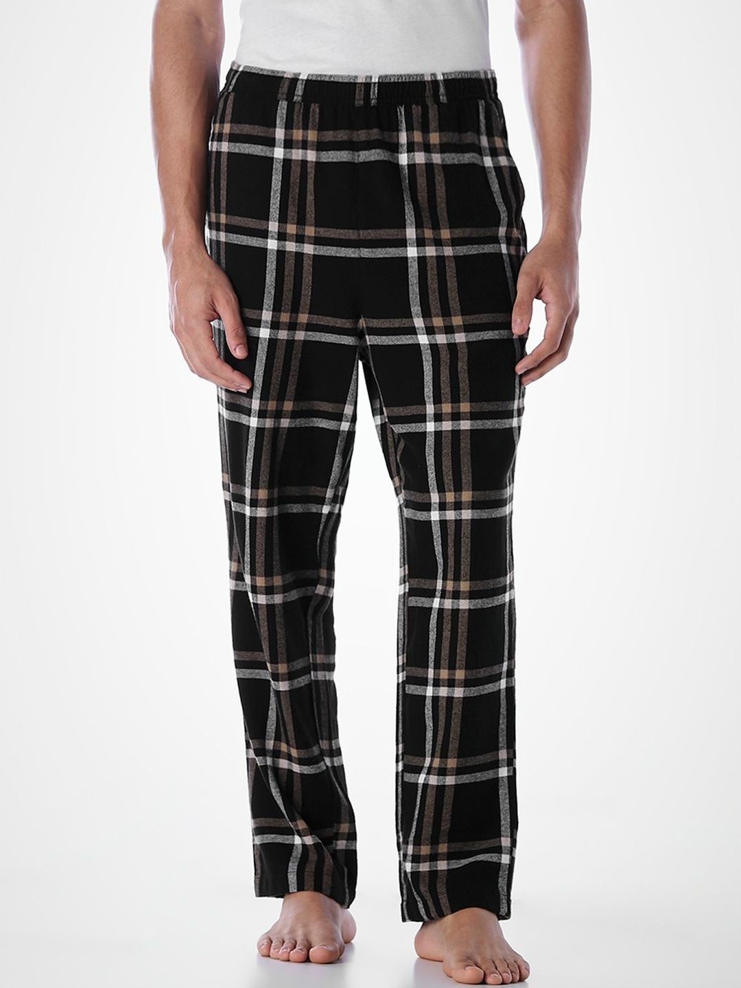 Jack & Jones Men Checked Mid-Rise Pure Cotton Straight Lounge Pants