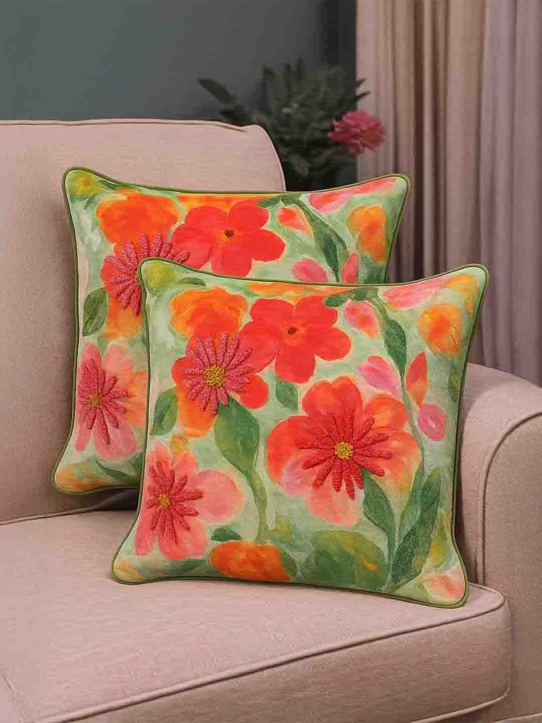Myntra Elegant Homes Multicoloured Set of 2 Floral Square Cushion Covers-picture-38