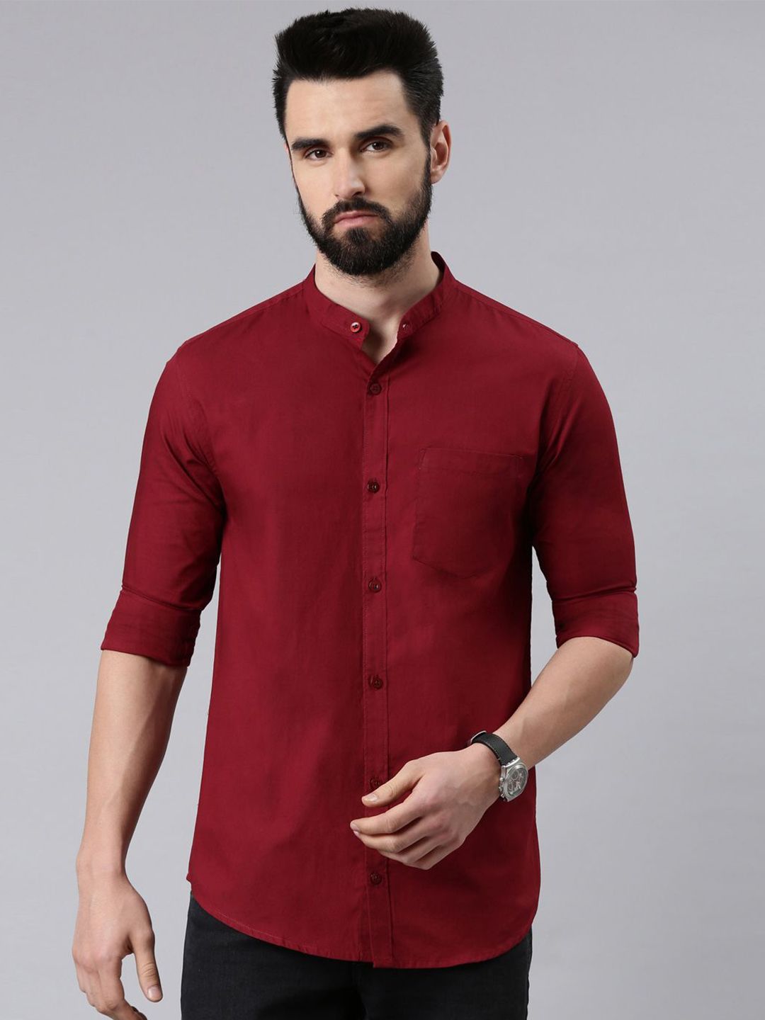 THE SOUL PATROL Men Smart Slim Fit Solid Mandarin Collar Cotton Casual Shirt-image-19