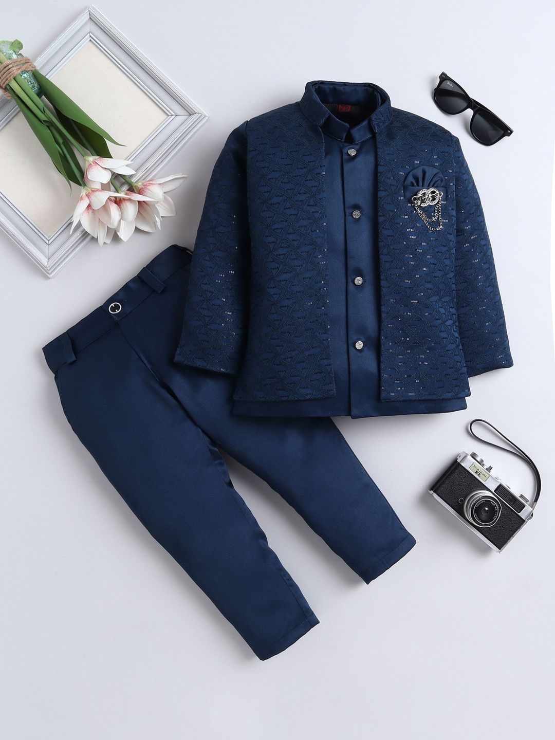 FOURFOLDS Boys Embellished Embroidered Mandarin Collar Sherwani Set-picture-24