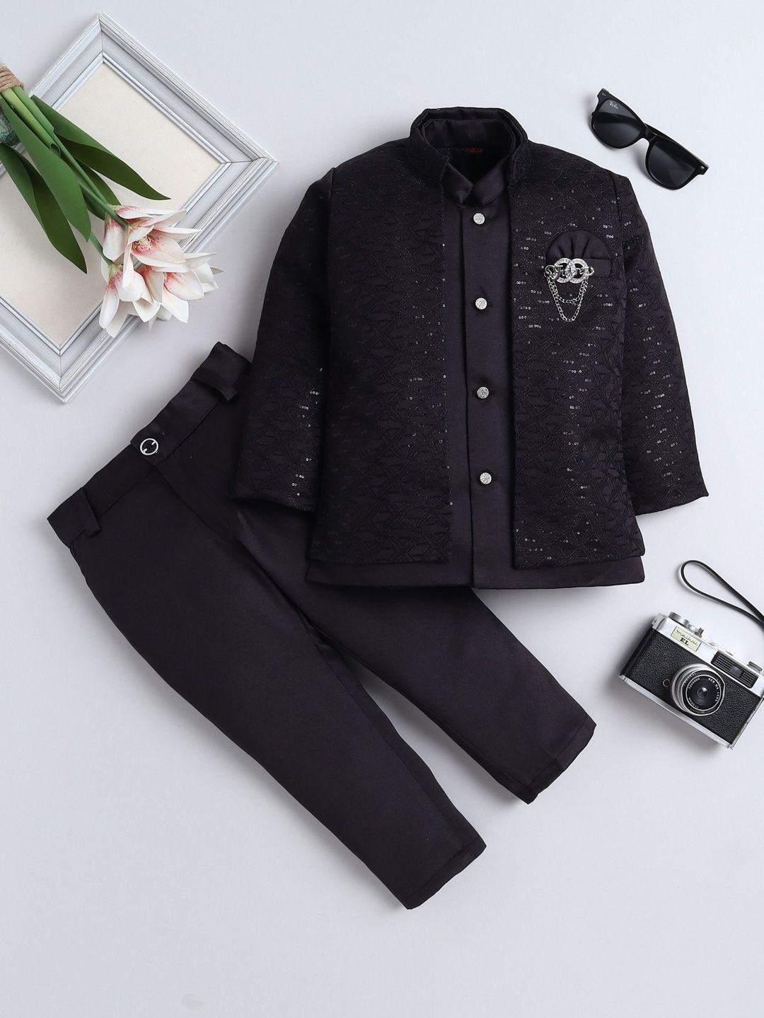 FOURFOLDS Boys Embellished Embroidered Mandarin Collar Sherwani Set-picture-16